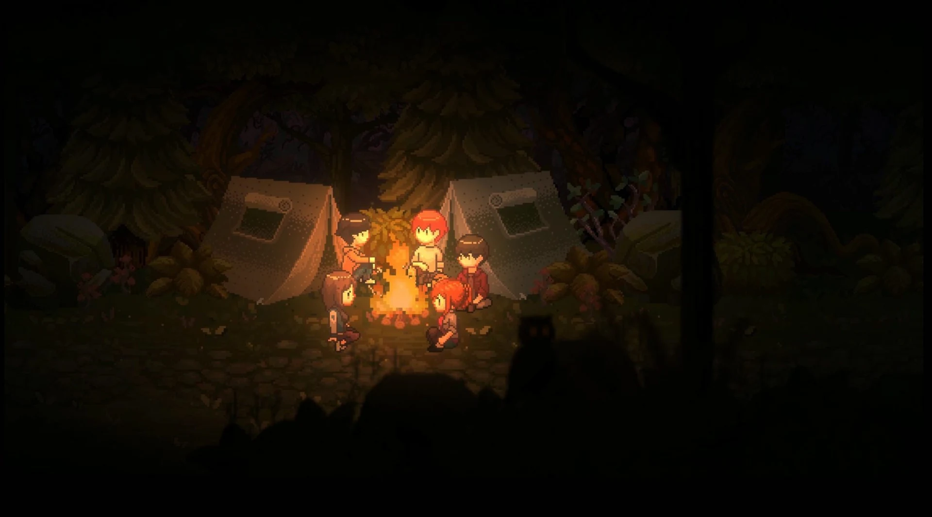 Friends gathered around a campfire in Re:Turn – One Way Trip