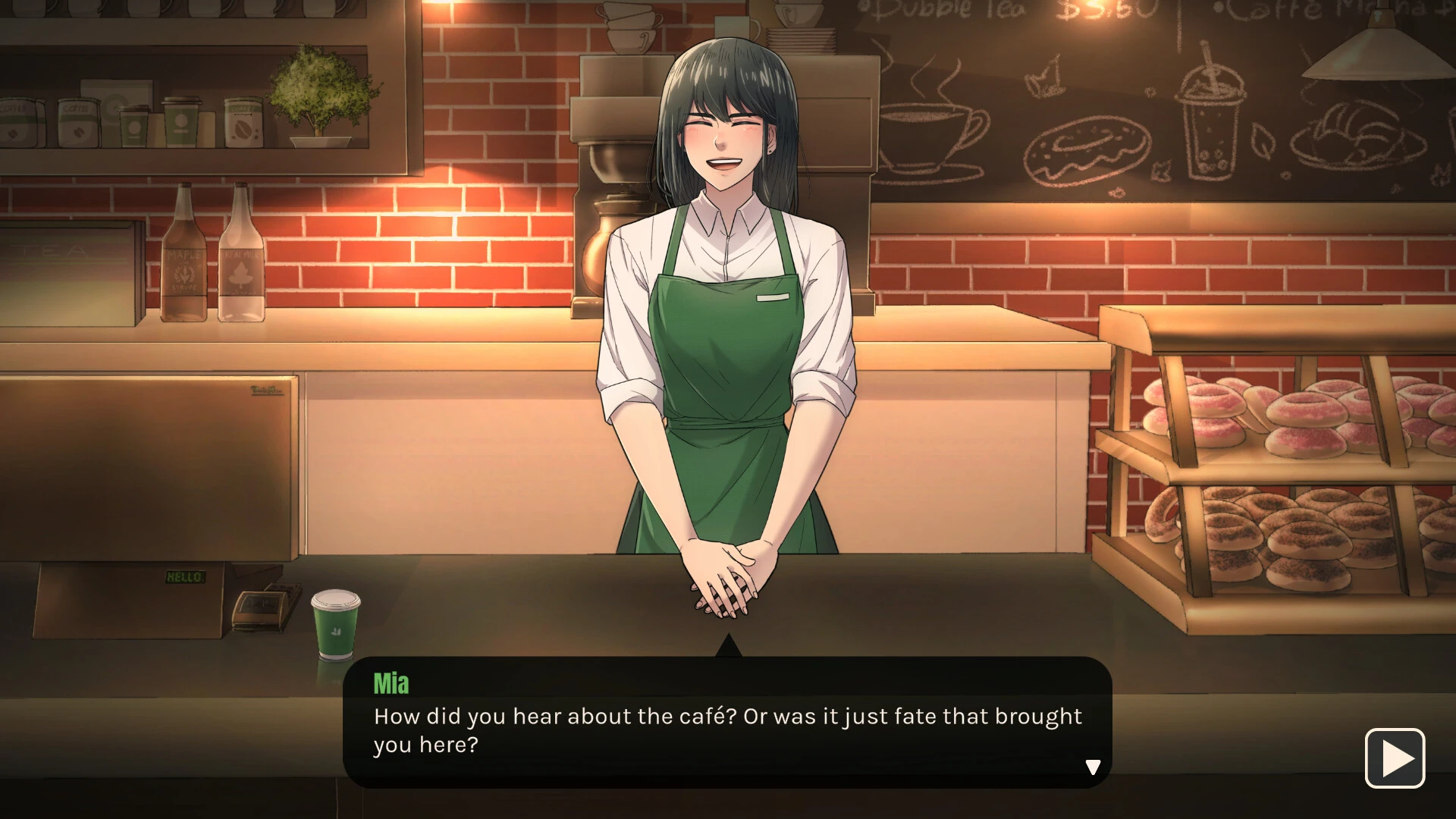 Mia welcomes the player at Comfy Corner Café